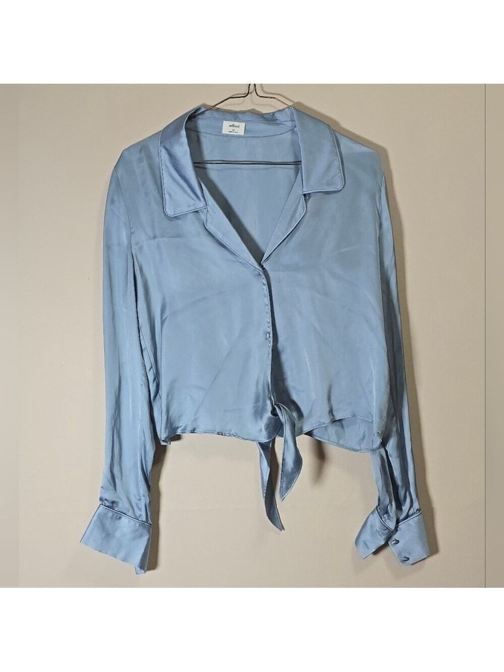 Aritzia wilfred tie front satin button down cropped blouse color light blue